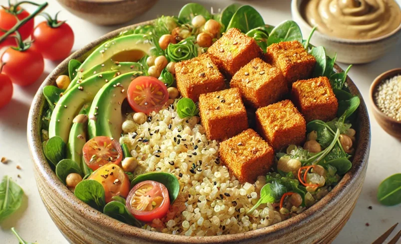 Bowl di quinoa con tempeh croccante e dressing tahini