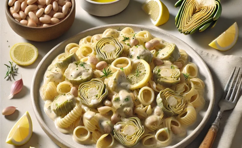 Mezze Maniche con Carciofi e Crema di Cannellini ricetta vegana