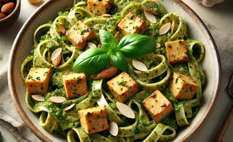 Tagliate il tofu a cubetti e mettetelo a marinare in una ciotola con salsa di soia, succo di limone, un cucchiaio di olio EVO e una grattata di pepe. Lasciatelo riposare per almeno 20 minuti. Nel frattempo, preparate il pesto mettendo le mandorle, la rucola, uno spicchio d’aglio, la scorza grattugiata di mezzo limone e due cucchiai di olio EVO in un frullatore e frullate fino a ottenere una crema omogenea. Se necessario, aggiungete poca acqua di cottura per ottenere la consistenza desiderata. Scaldate una padella antiaderente e rosolate rapidamente il tofu marinato fino a quando non diventa dorato e croccante. Cuocete le tagliatelle in abbondante acqua salata, poi scolate, conservando un po’ di acqua di cottura, e condite con il pesto. Amalgamate bene le tagliatelle aggiungendo, se necessario, poca acqua di cottura per rendere il condimento più cremoso. Servite aggiungendo sopra il tofu marinato croccante.