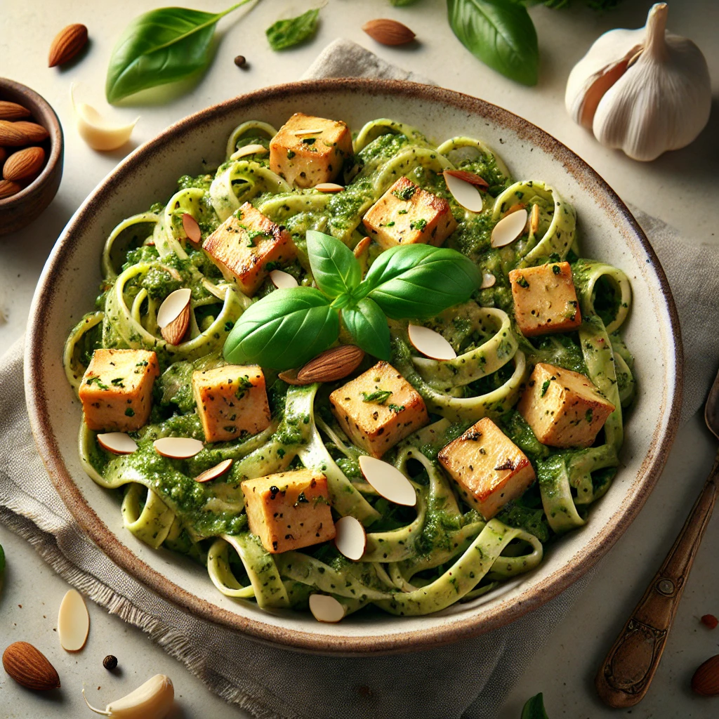 Tagliatelle con Pesto di Mandorle e Tofu Marinato