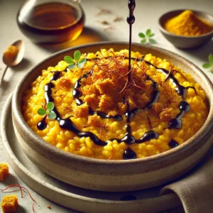 Risotto allo zafferano con tofu croccante e glassa di aceto balsamico