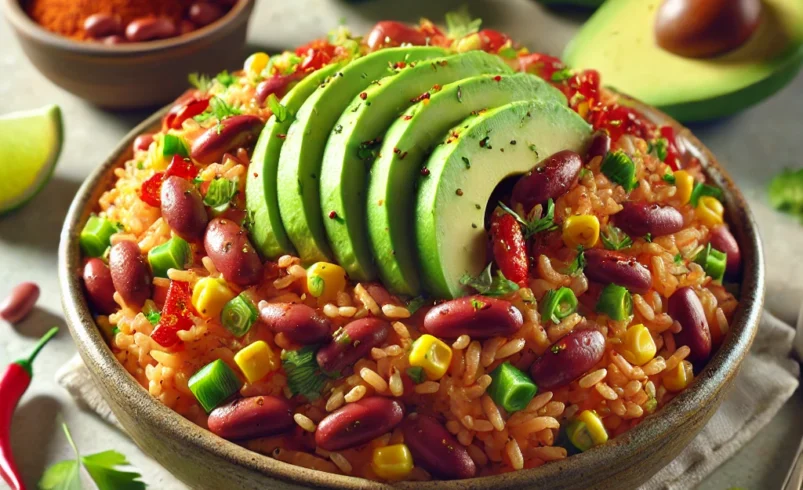 Riso integrale alla messicana con fagioli rossi e avocado