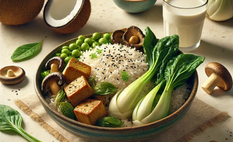 Riso Thai al Latte di Cocco con tempeh, Pak Choi e Funghi Shitake