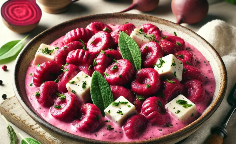 Gnocchi di Barbabietola con Crema di Tofu alle Erbe e Salvia