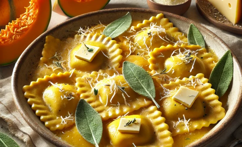 Ravioli di zucca con burro, formaggio e salvia